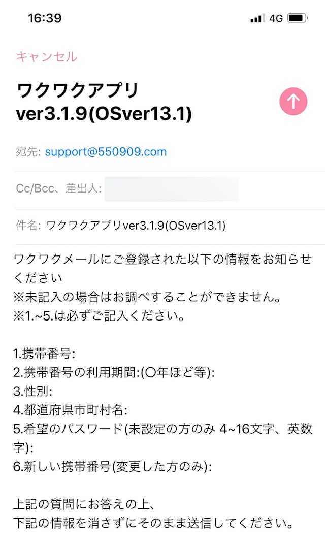 ワクワクメール 問い合わせメールを入力して送信